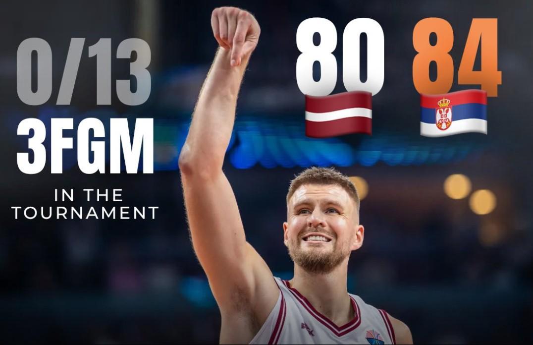 外线手感极差，波尔津吉斯欧锦赛开赛三场13次三分出手全丢